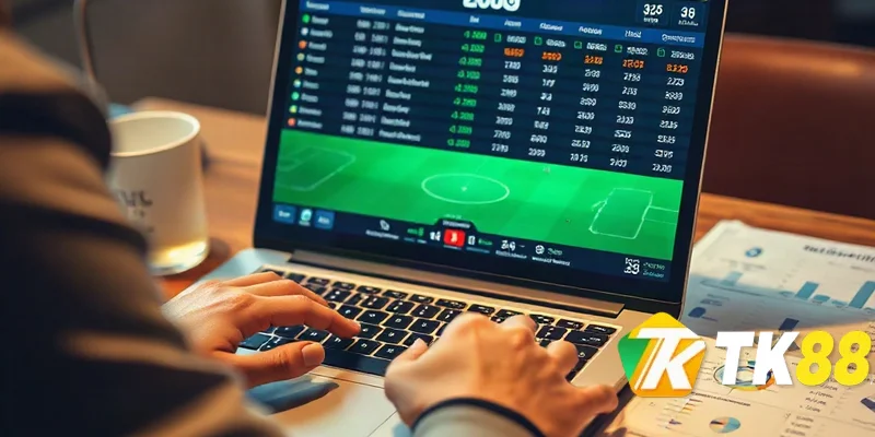 Người chơi đang phân tích tỷ lệ kèo bóng đá trên máy tính để soi kèo nhà cái TK88