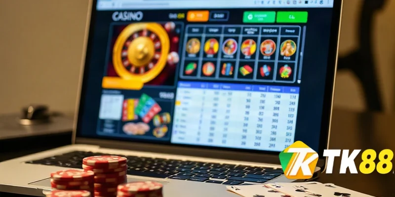 Giao diện nhà cái TK88 trên laptop với các trò chơi casino trực tuyến