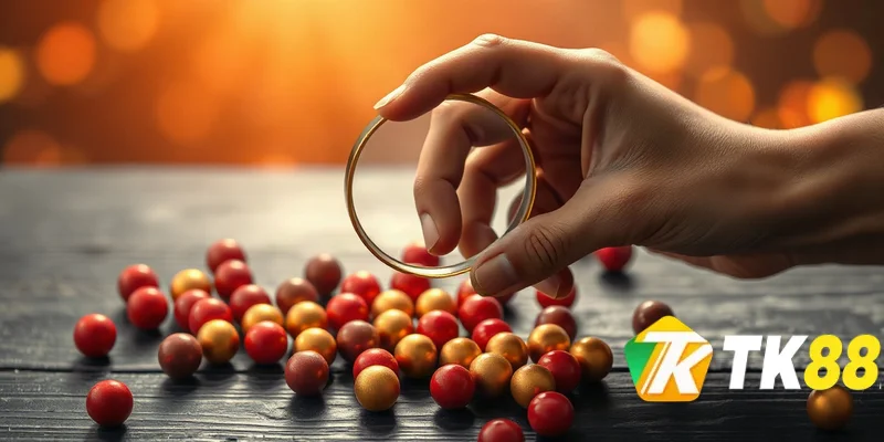 Hình ảnh kinh nghiệm lô đề với kính lúp và những quả cầu đỏ vàng trên bàn gỗ.